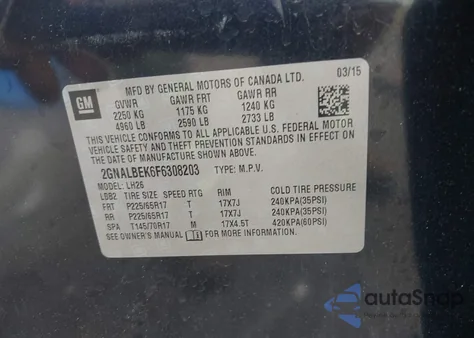 2015 Chevrolet Equinox 1Lt z USA, uszkodzony, nr VIN 2GNALBEK6F6308203